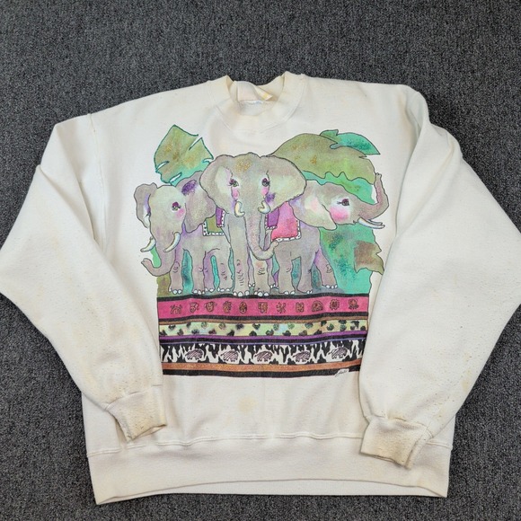 Tiger Lily Vintage 90s Elephant Graphic Sweatshirt L White Glitter Safari Boho — photo 3